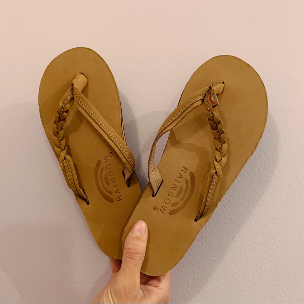 Brown leather braided flip flops